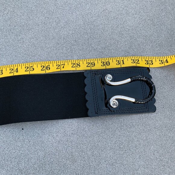 Wide Statement Black Leather Elastic Silver Buckle Cinch Waist Belt - Picture 7 of 9